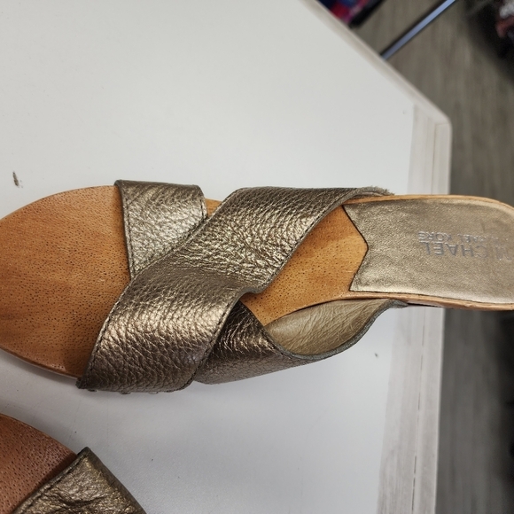 MICHAEL Michael Kors Gold Wood Strappy Slide Mules Heel Sandals Size 8M Brazil - Picture 3 of 8